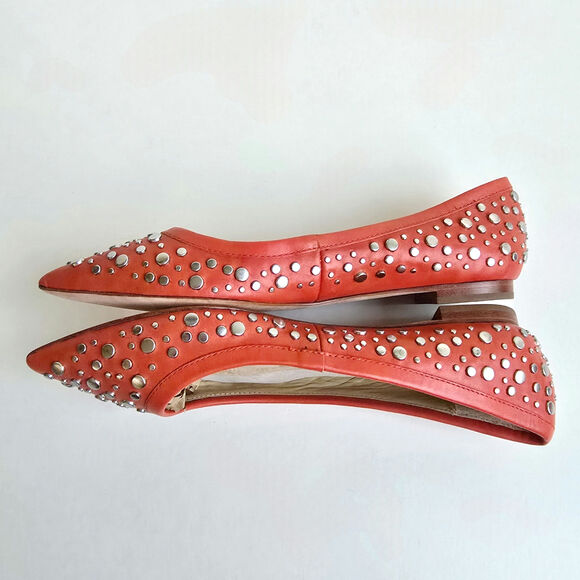 DVF Stud Flats Size 7.5 Orange Leather Silver Studded PointedToe Furstenberg Ara - Picture 12 of 13